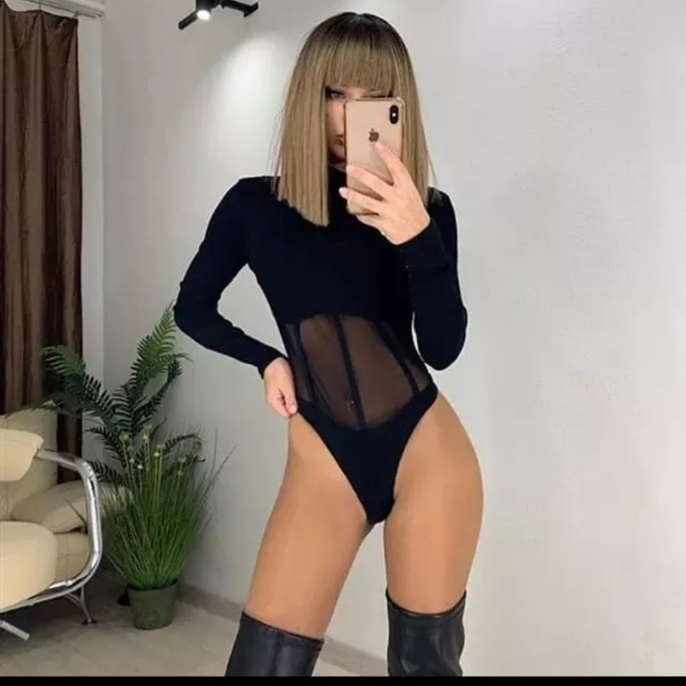 Black Mesh corset turtleneck bodysuit